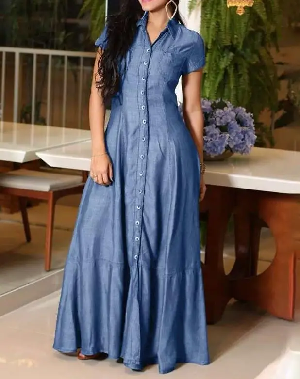 Womens Dresses 2023 Summer Fashion Solid Color Lapel Short Sleeve Daily Swing Single-Breasted Denim Maxi Shirt Dress
Womens Dresses 2023 Summer Fashion Solid Color Lapel Short Sleeve Daily Swing Single-Breasted Denim Maxi Shirt Dress