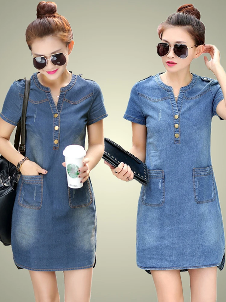 Summer Fashion Women Denim Dresses Casual Short Sleeves V-neck Mini Dresses Elegant Solid Office Ladies Dresses Robe
Summer Fashion Women Denim Dresses Casual Short Sleeves V-neck Mini Dresses Elegant Solid Office Ladies Dresses Robe