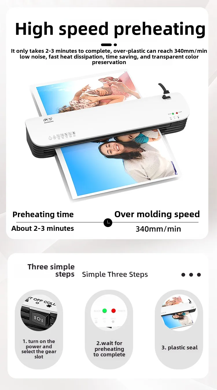 Five-piece set of the SL399 laminating machine for home and office use, which is a cold and hot dual-plastic photo A3 laminator.
Five-piece set of the SL399 laminating machine for home and office use, which is a cold and hot dual-plastic photo A3 laminator.