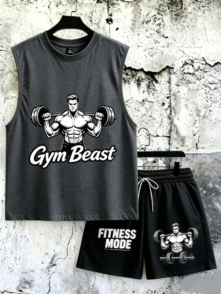 Men's Loose Comfortable Sleeveless Tank Top & Shorts, "Gym Beast" Fitness Print Casual Workout Set
Men's Loose Comfortable Sleeveless Tank Top & Shorts, "Gym Beast" Fitness Print Casual Workout Set