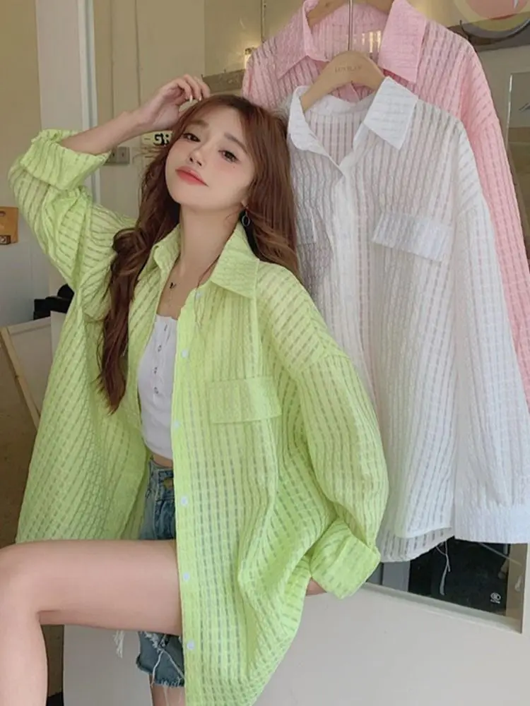 Korean Sunscreen Shirt Women 2024 Summer Clothes Fashion Plaid Blouses Elegant Loose Long Sleeve See Through Tops Blouse R42
Korean Sunscreen Shirt Women 2024 Summer Clothes Fashion Plaid Blouses Elegant Loose Long Sleeve See Through Tops Blouse R42