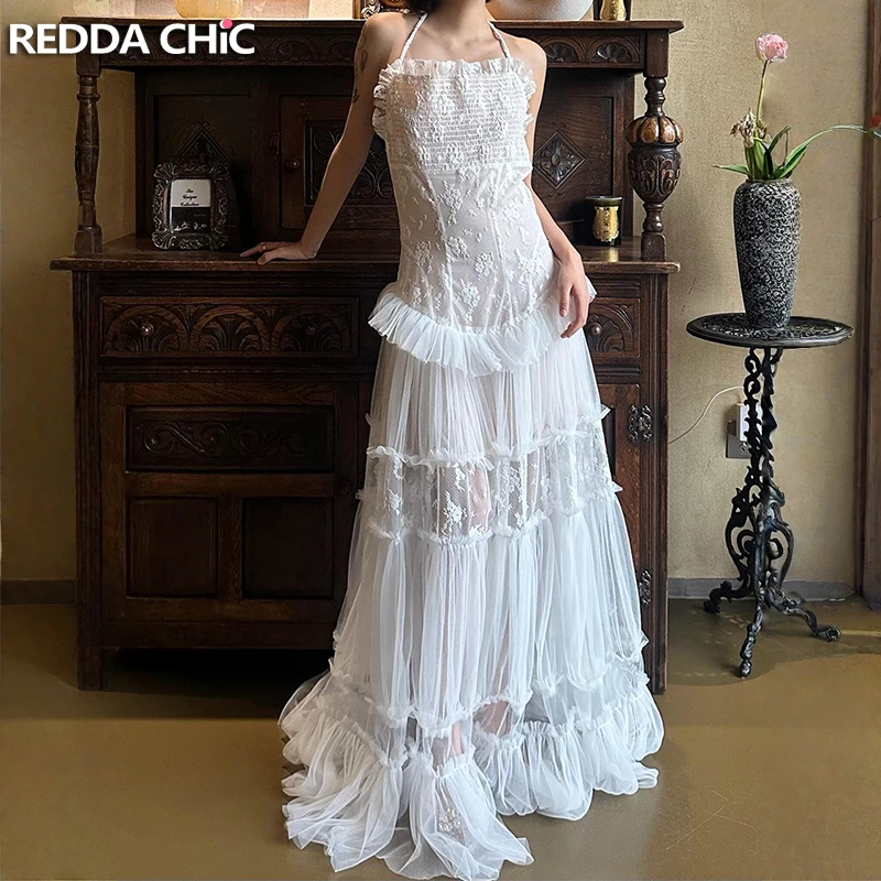 ReddaChic Coquette Lace Hollow Party Dress Women Fairy Halter Backless Bandeau Ruffle Maxi Party Gown Princess Summer Clothes
ReddaChic Coquette Lace Hollow Party Dress Women Fairy Halter Backless Bandeau Ruffle Maxi Party Gown Princess Summer Clothes