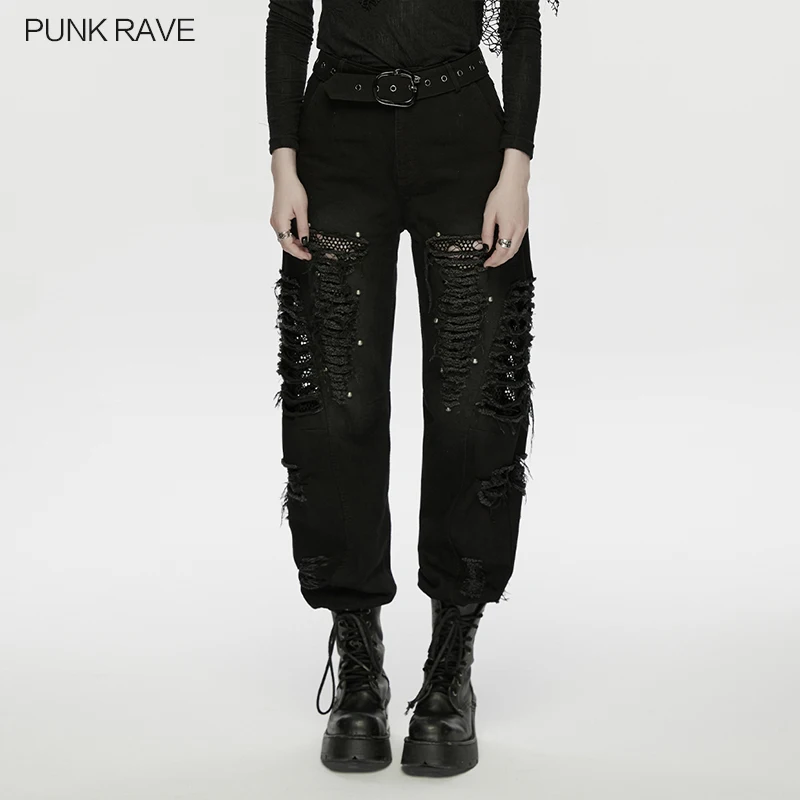 PUNK RAVE Women's Punk Decadent Denim Tattered Mesh Pants Vintage Feel Metal Studs Curved Cutting Rebellious Aesthetic Trousers
PUNK RAVE Women's Punk Decadent Denim Tattered Mesh Pants Vintage Feel Metal Studs Curved Cutting Rebellious Aesthetic Trousers