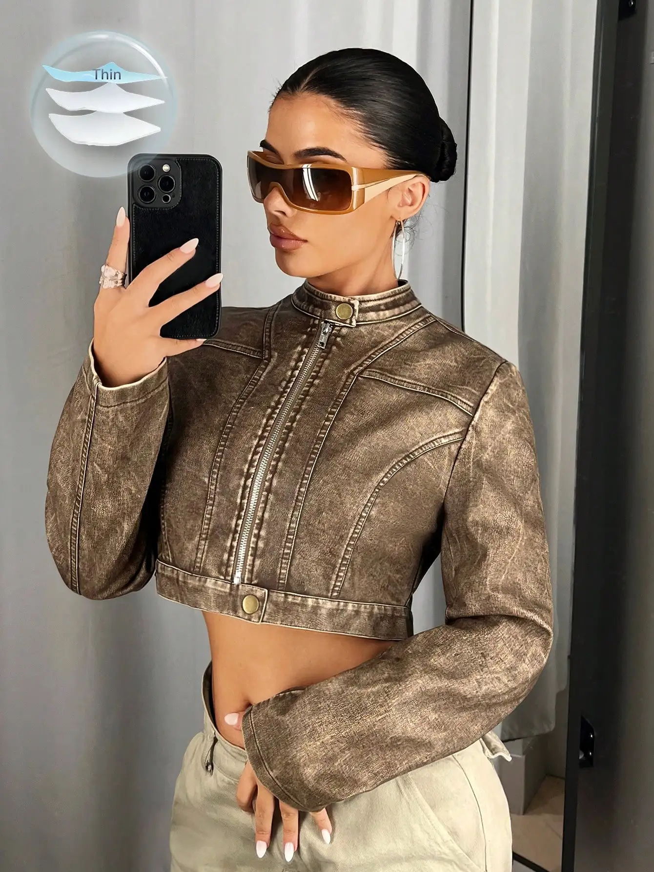 Women's Cropped Zipper Jacket with Stand Collar, Coffee Brown PU Leather, Casual Fall Streetwear
Women's Cropped Zipper Jacket with Stand Collar, Coffee Brown PU Leather, Casual Fall Streetwear