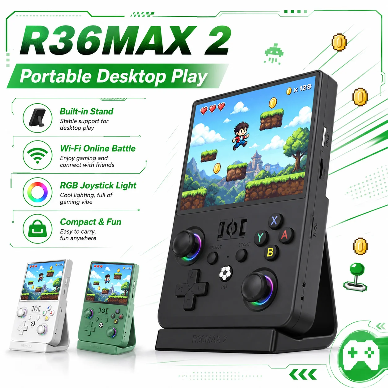 R36 MAX2 Handheld Retro Game Console Replaceable 3D Joystick Rotatable Decompression Football Key RGB Light Ring 4000mAh Battery
R36 MAX2 Handheld Retro Game Console Replaceable 3D Joystick Rotatable Decompression Football Key RGB Light Ring 4000mAh Battery