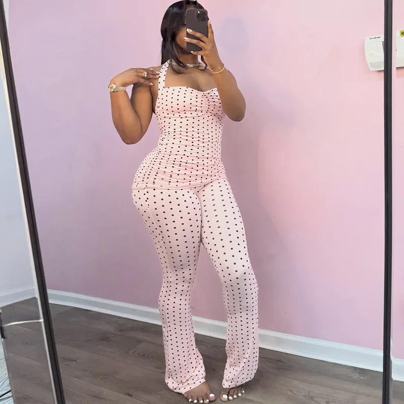 Polka Dots Print 2 Piece Set Women Ruched Lace Up Halter Backless Tanks Top + Lapel High Waist Flare Pants Casual Street Suits
Polka Dots Print 2 Piece Set Women Ruched Lace Up Halter Backless Tanks Top + Lapel High Waist Flare Pants Casual Street Suits