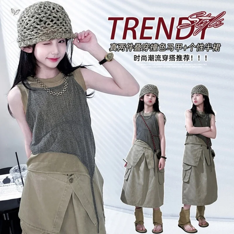Girls2026New summer cool and stylish cotton skirt set for older children, two-piece long skirt layered with a vest in workwear s
Girls2026New summer cool and stylish cotton skirt set for older children, two-piece long skirt layered with a vest in workwear s