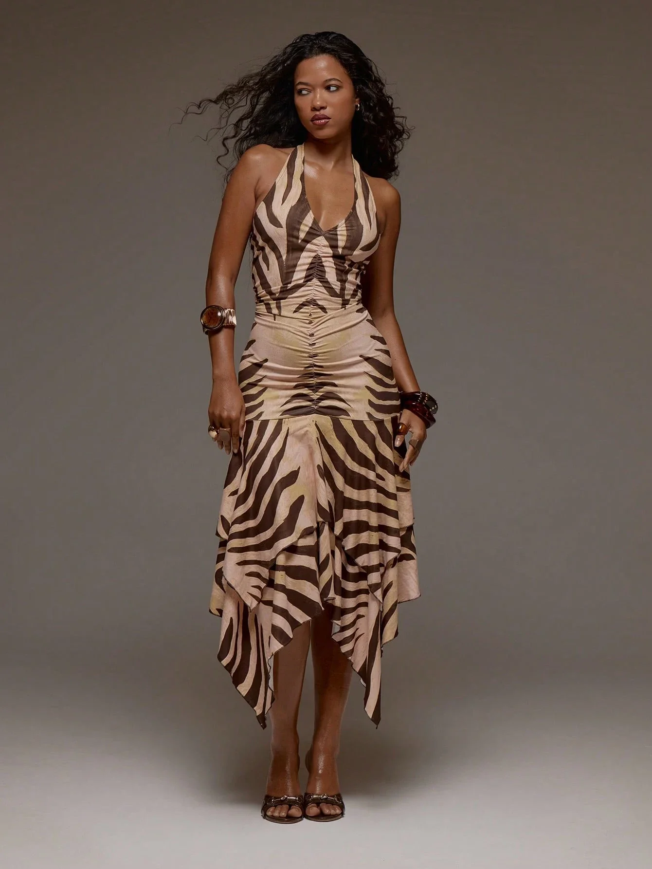 Zebra Print Halterneck Dress With Plunge V-Neck, Ruched Bodice, Asymmetrical High-Low Midi Skirt For Summer Festival Or Beach
Zebra Print Halterneck Dress With Plunge V-Neck, Ruched Bodice, Asymmetrical High-Low Midi Skirt For Summer Festival Or Beach