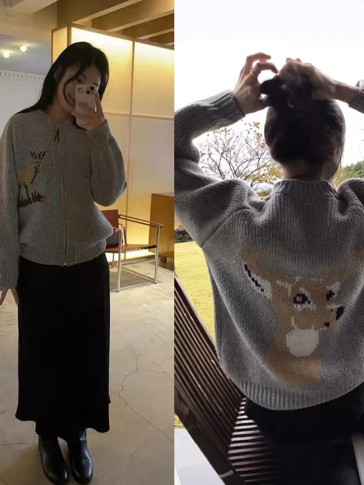 Deer Pattern Knitted Open Cardigan Women's Loose Vintage Zipper Design Anti-Aging Sweater round Ne Long Sve
Deer Pattern Knitted Open Cardigan Women's Loose Vintage Zipper Design Anti-Aging Sweater round Ne Long Sve