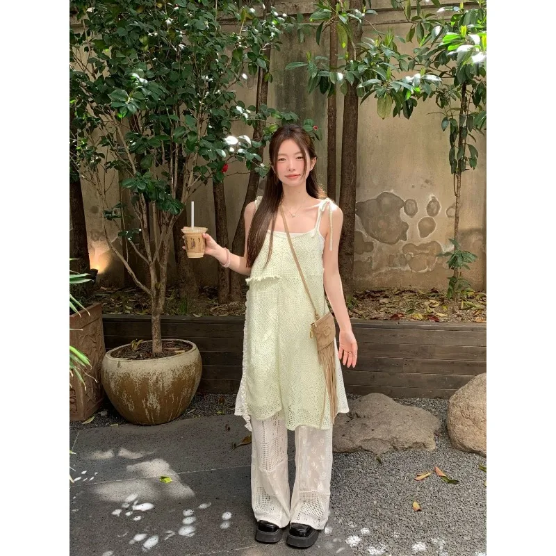 Women New Chinese Style Irregular Spaghetti Strap Dress Hollow Lace Straight Wide Leg Pants Two Piece Outfit
Women New Chinese Style Irregular Spaghetti Strap Dress Hollow Lace Straight Wide Leg Pants Two Piece Outfit