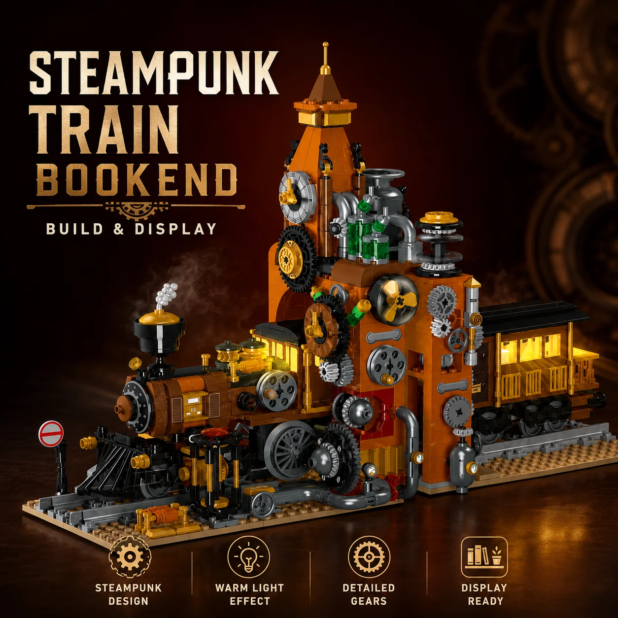 Steampunk Train Bookend Building Blocks Set 1252PCS Vintage Locomotive Railway Station Display Model Toy English Version
Steampunk Train Bookend Building Blocks Set 1252PCS Vintage Locomotive Railway Station Display Model Toy English Version