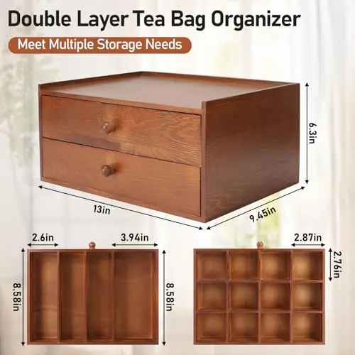 Acacia Wood Double-Layer Tea Bag Storage Box With Two Drawers And Grid Compartments For Kitchen Countertop Organization
Acacia Wood Double-Layer Tea Bag Storage Box With Two Drawers And Grid Compartments For Kitchen Countertop Organization