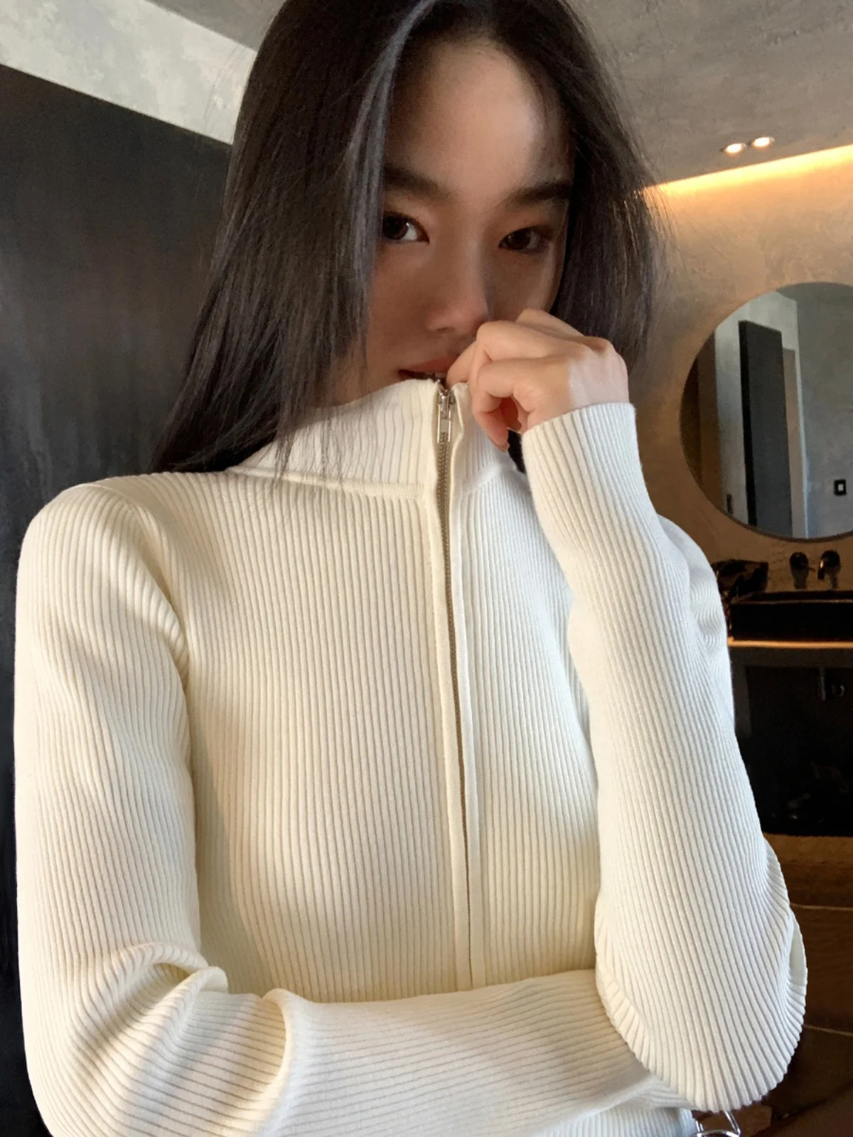 Pusumede Bla f вязаный свитер с высоким воротником, пальто, женский облегающий трикотаж на молнии, осень-зима, новинка Sle Faion 
Pusumede Bla f вязаный свитер с высоким воротником, пальто, женский облегающий трикотаж на молнии, осень-зима, новинка Sle Faion