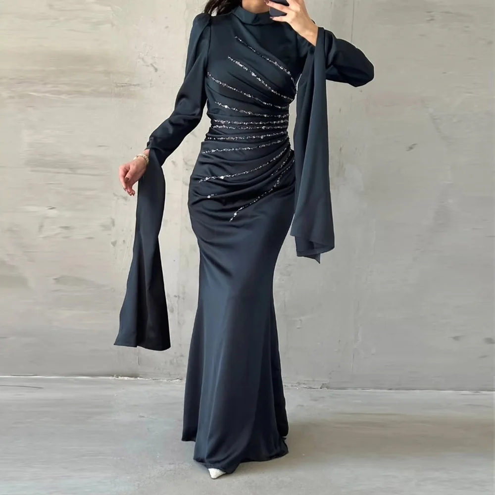 Customized A-Line Prom Dresses Floor-length High-Neck Full Sleeve Evening Gown Fashion Crystal Simple Draped Party Gown
Customized A-Line Prom Dresses Floor-length High-Neck Full Sleeve Evening Gown Fashion Crystal Simple Draped Party Gown