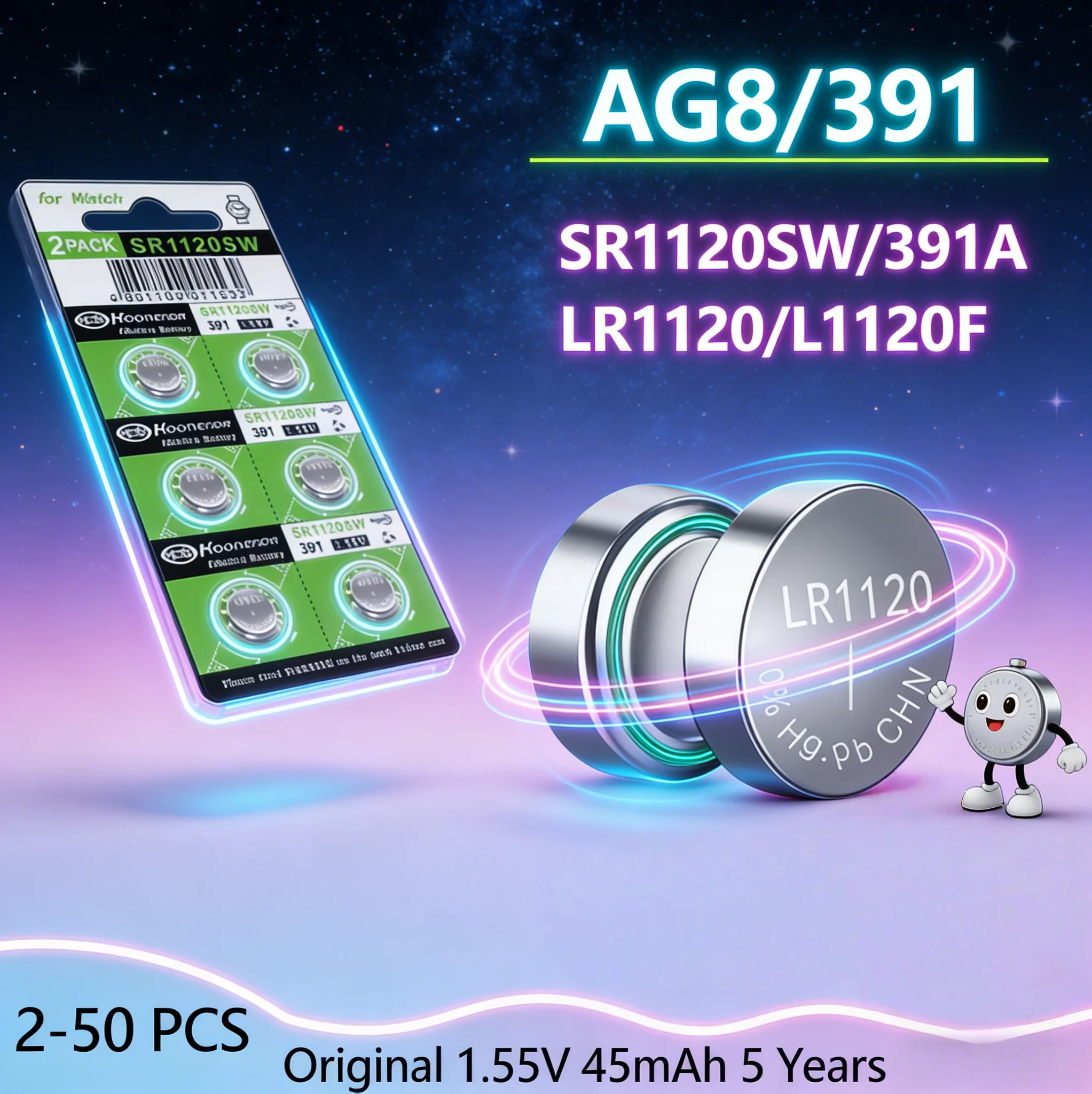 2-50 шт. 1.55V AG8 45мАч кнопочные батарейки LR1120 391 SR1120 R1120W CX191 G8A 191 391A SR1120SW для часов, игрушек, пультов ДУ
2-50 шт. 1.55V AG8 45мАч кнопочные батарейки LR1120 391 SR1120 R1120W CX191 G8A 191 391A SR1120SW для часов, игрушек, пультов ДУ