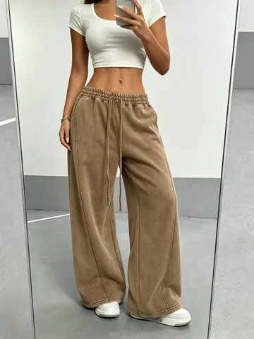 Solid Minimalist Women's Loose Washed Vintage Long Pants, Sweet Casual Trousers for Daily Street Date Party Outfit
