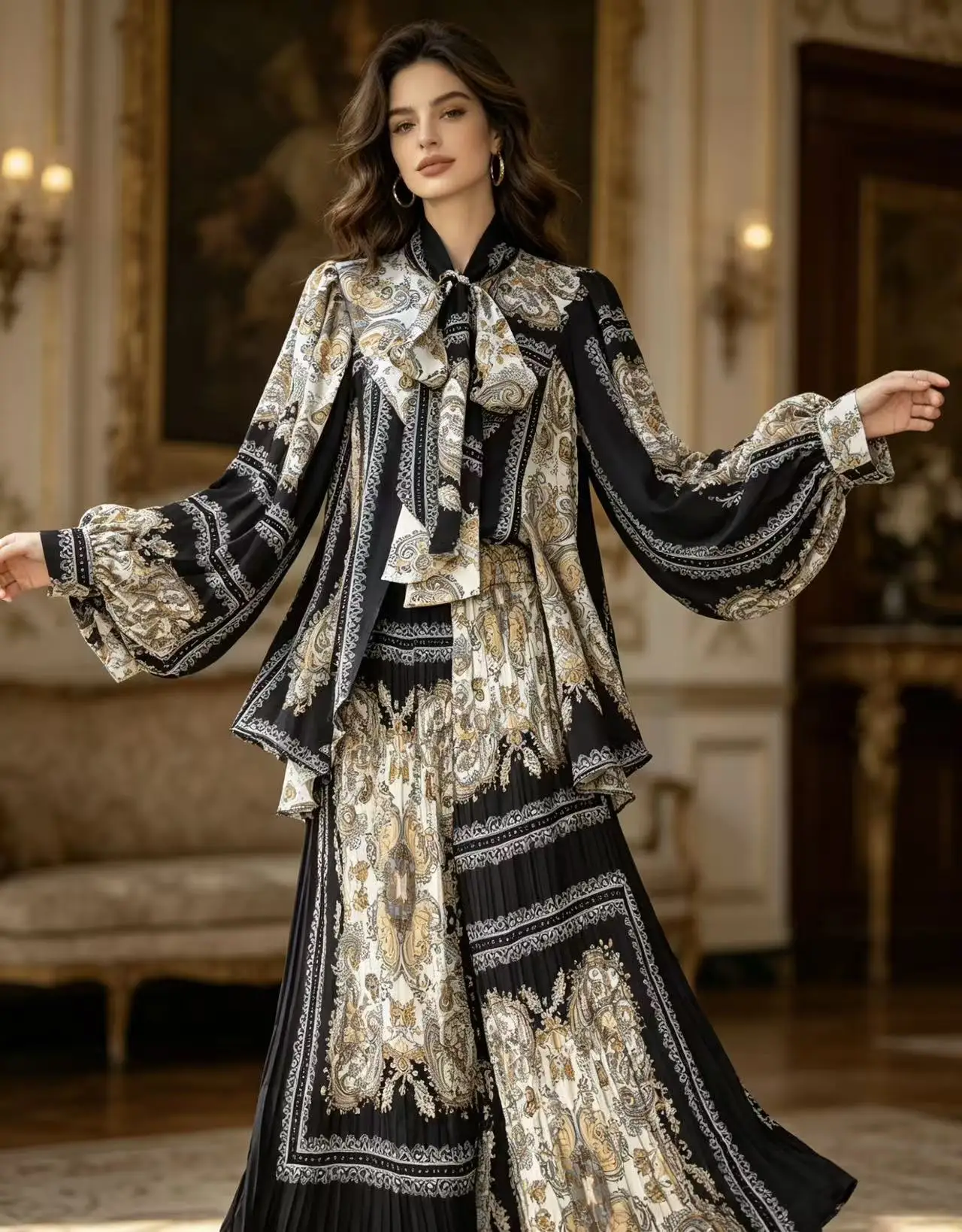 2026 New summer two-Piece Set Women Print Fashion Batwing Sleeve Irregular Loose Top Elastic Waist Pleated Wide Leg Pants Suit
2026 New summer two-Piece Set Women Print Fashion Batwing Sleeve Irregular Loose Top Elastic Waist Pleated Wide Leg Pants Suit