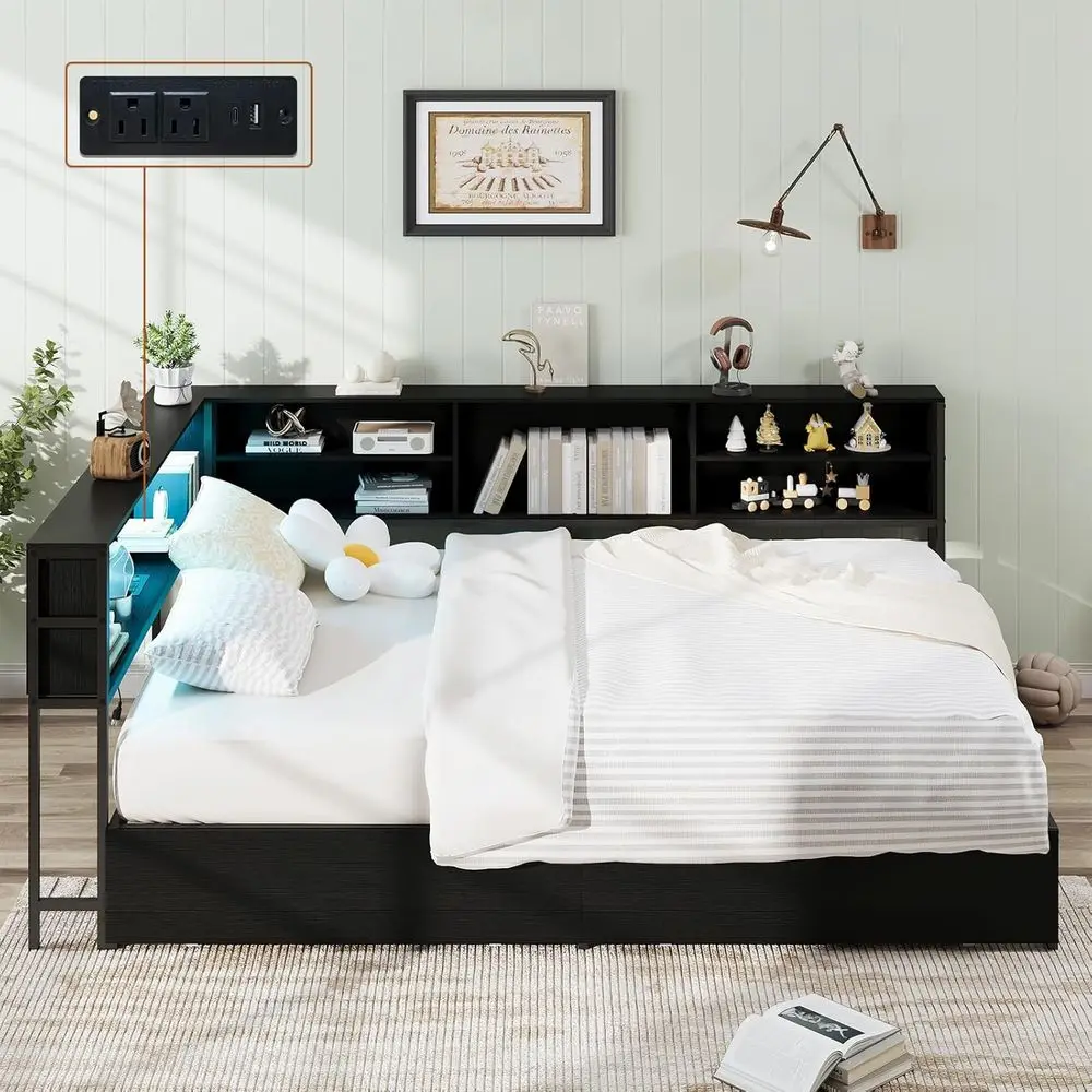 Size Bed e with Storage, ull tains Bed with Charging Station and LED Light, Wood Daybeds with L-Shaped Bookcase
Size Bed e with Storage, ull tains Bed with Charging Station and LED Light, Wood Daybeds with L-Shaped Bookcase