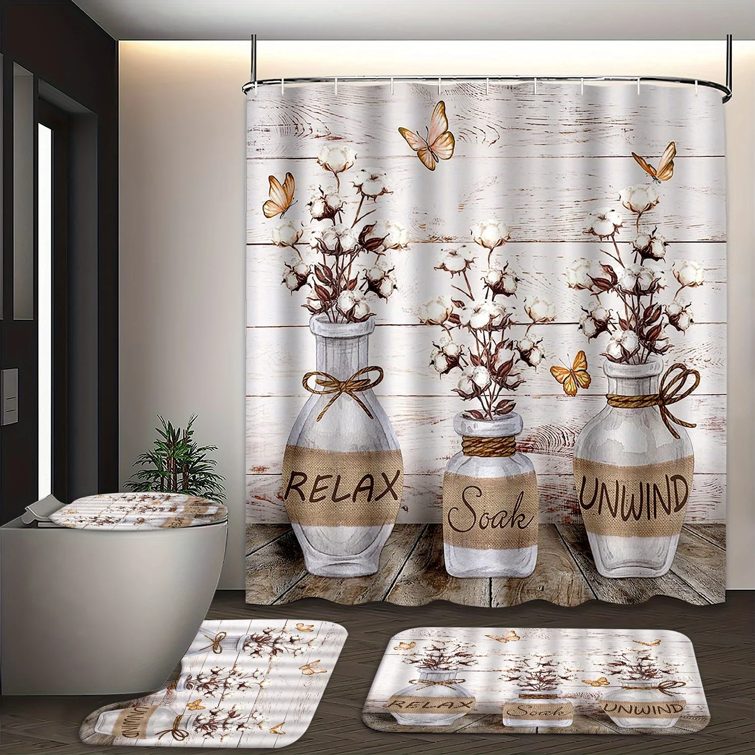 4-piece farmhouse print shower curtain set, non-slip bath mat, toilet U-shaped mat toilet seat cover, bathtub curtain with hooks
4-piece farmhouse print shower curtain set, non-slip bath mat, toilet U-shaped mat toilet seat cover, bathtub curtain with hooks