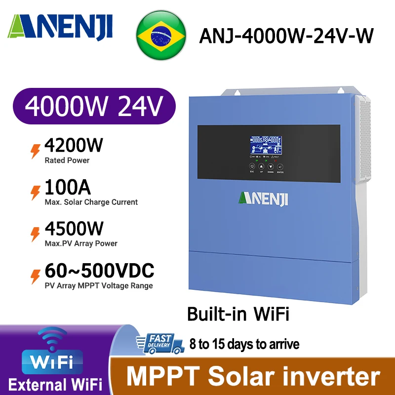 ANENJI4000W 24V Hybrid Solar Inverter 4KW 24V 100A MPPT Pure Sine Wave Solar Controller PV 500VDC Built-in WiFi
ANENJI4000W 24V Hybrid Solar Inverter 4KW 24V 100A MPPT Pure Sine Wave Solar Controller PV 500VDC Built-in WiFi