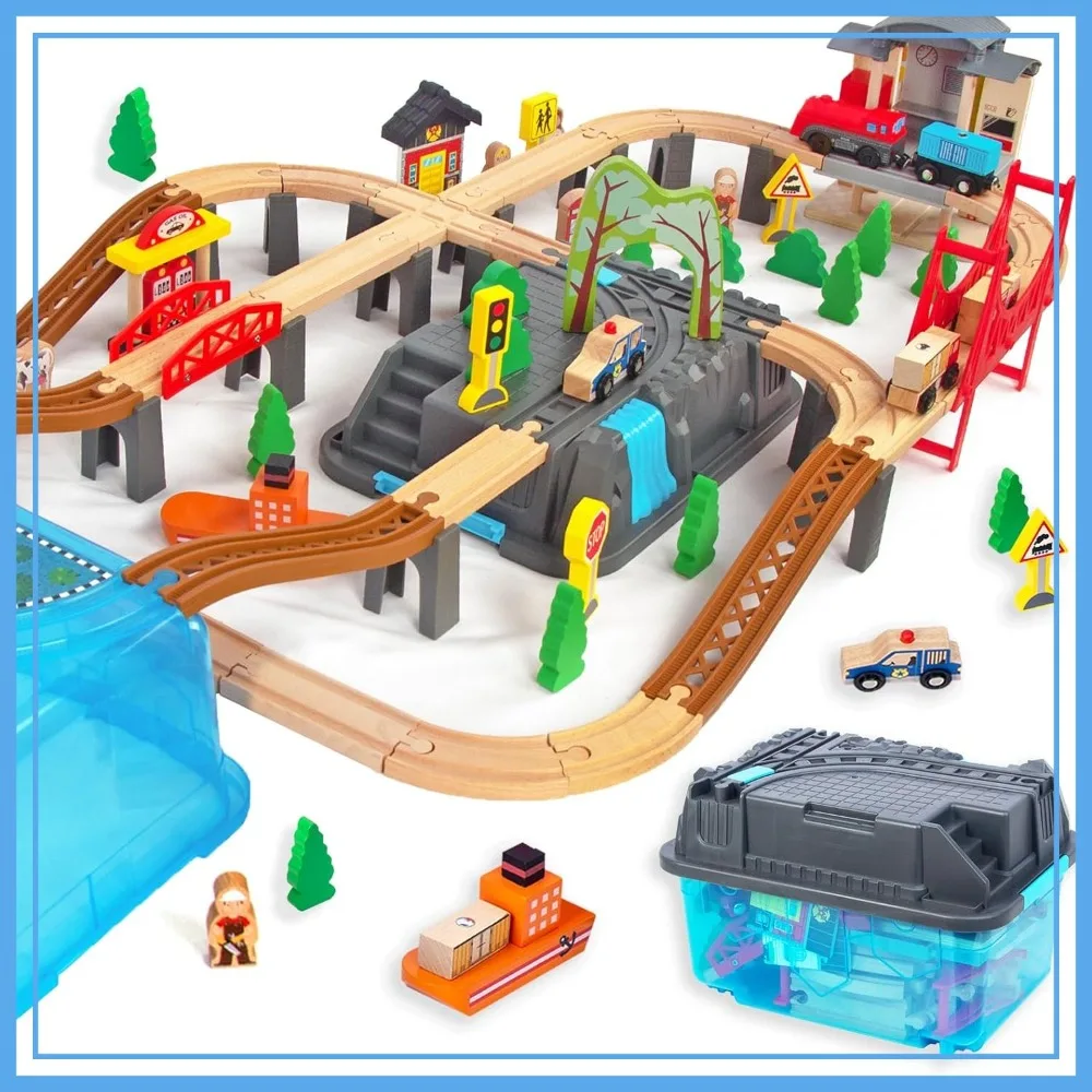 100Pcs Wooden Train Set with Double-Side Tracks, Bridge, Station & Storage Box, Compatible with Brio, Thomas, Melissa & Doug, Gift for Boys 3-7
100Pcs Wooden Train Set with Double-Side Tracks, Bridge, Station & Storage Box, Compatible with Brio, Thomas, Melissa & Doug, Gift for Boys 3-7