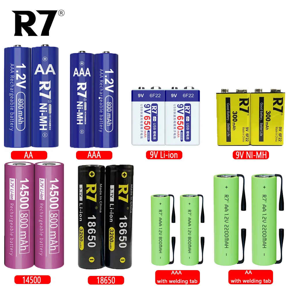 R7 9V USB Li-ion battery 9V Ni-MH Battery 1.2V AA / AAA rechargeable battery 3.7V 14500 18650 lithium ion rechargeable battery
R7 9V USB Li-ion battery 9V Ni-MH Battery 1.2V AA / AAA rechargeable battery 3.7V 14500 18650 lithium ion rechargeable battery