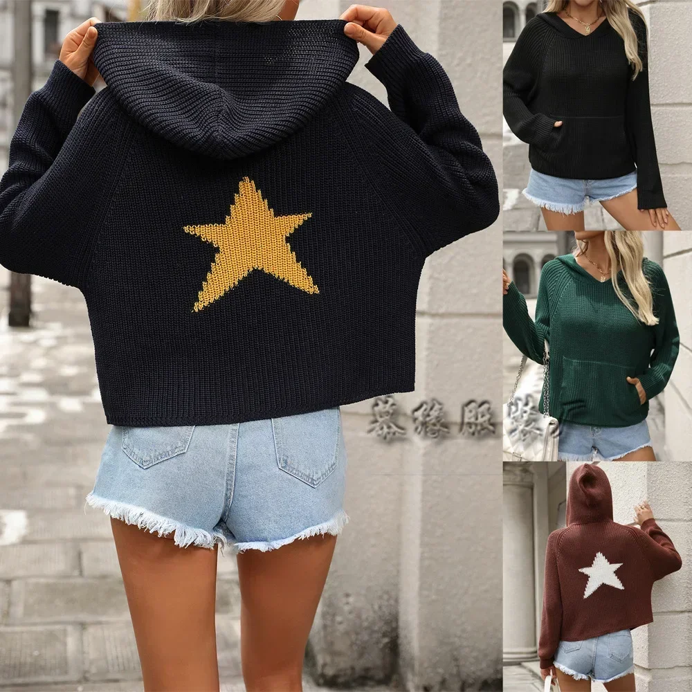 Autumn and Winter Pullover Hooded Knitted Sweater Pocket Long Sleeve Pentagram Temperament Commuter Knitted Sweater Women
Autumn and Winter Pullover Hooded Knitted Sweater Pocket Long Sleeve Pentagram Temperament Commuter Knitted Sweater Women