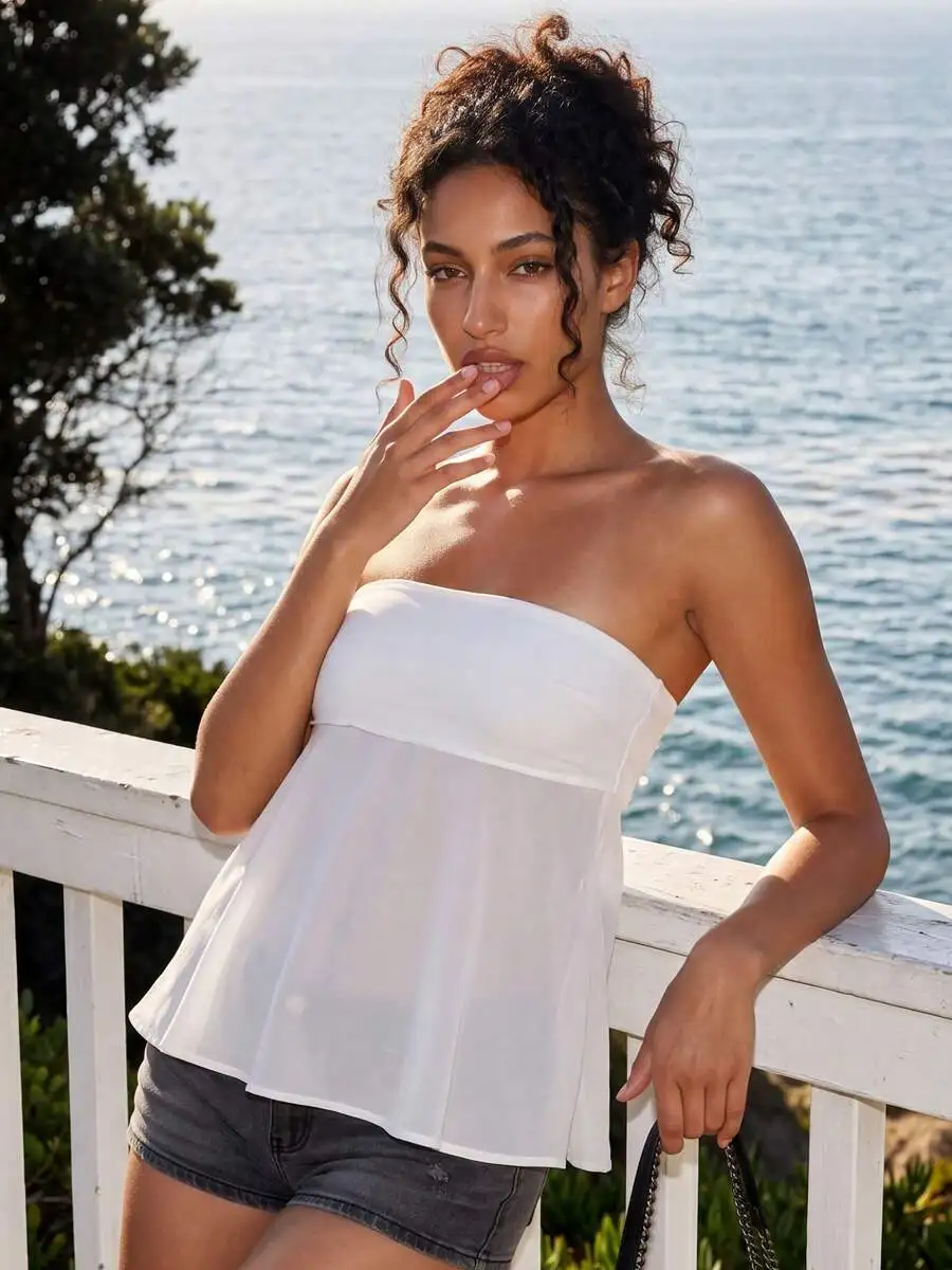 Womens Strapless Tube Top Solid Color Back Tie-Up Sheer Flowy Hem Vest
Womens Strapless Tube Top Solid Color Back Tie-Up Sheer Flowy Hem Vest