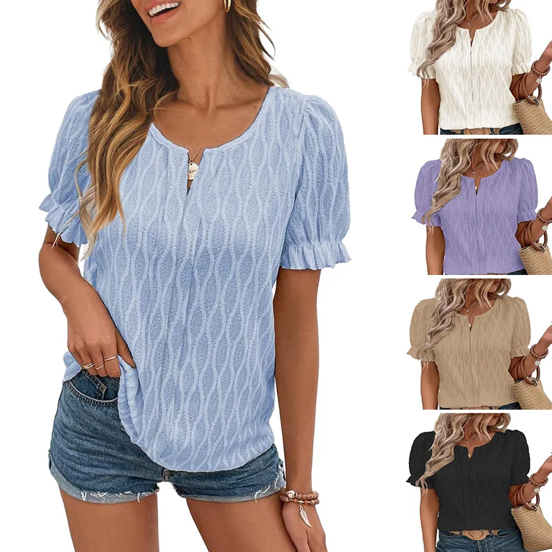 2024 Summer New V-neck Women T-shirt Bubble Sleeve Jacquard Casual Loose Female Short Sleeved Shirt
2024 Summer New V-neck Women T-shirt Bubble Sleeve Jacquard Casual Loose Female Short Sleeved Shirt