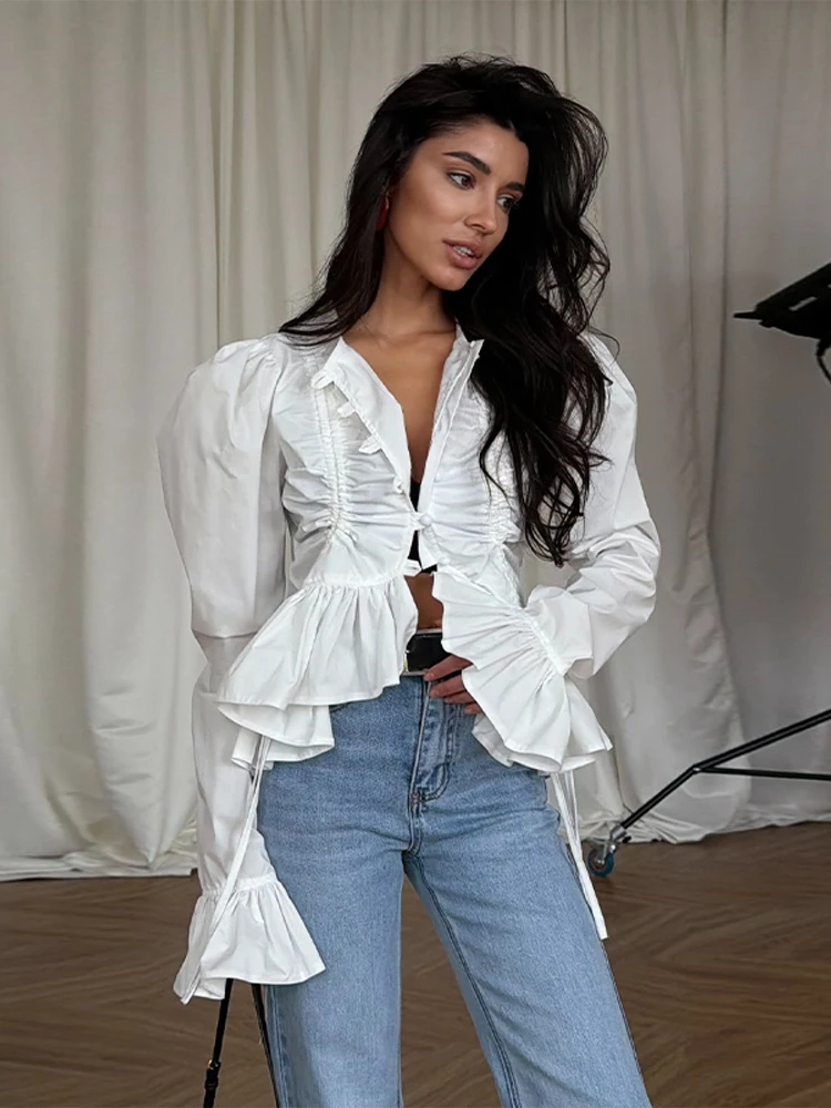 2026 Spring Summer Lady Top Elegant Chic Ruffle Hem Women's Shirt Flare Sleeve Single Breasted Drawstring Pleat Cropped Shirts
2026 Spring Summer Lady Top Elegant Chic Ruffle Hem Women's Shirt Flare Sleeve Single Breasted Drawstring Pleat Cropped Shirts