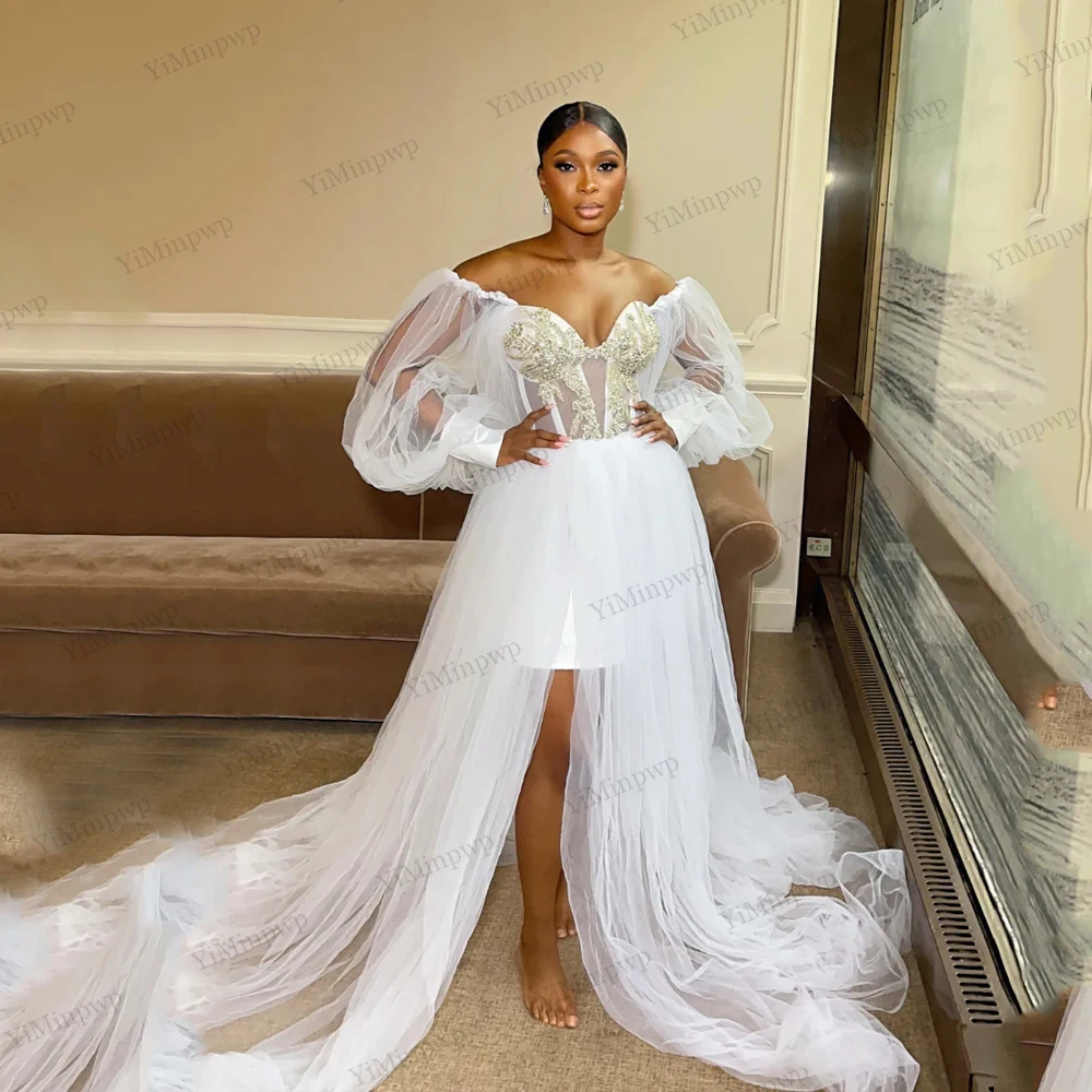 Crystal Wedding Robes for Bride Africa Bridal Shower Dresses Straight Off Shoulder Puff Sleeve Side Split Corset Customized
Crystal Wedding Robes for Bride Africa Bridal Shower Dresses Straight Off Shoulder Puff Sleeve Side Split Corset Customized