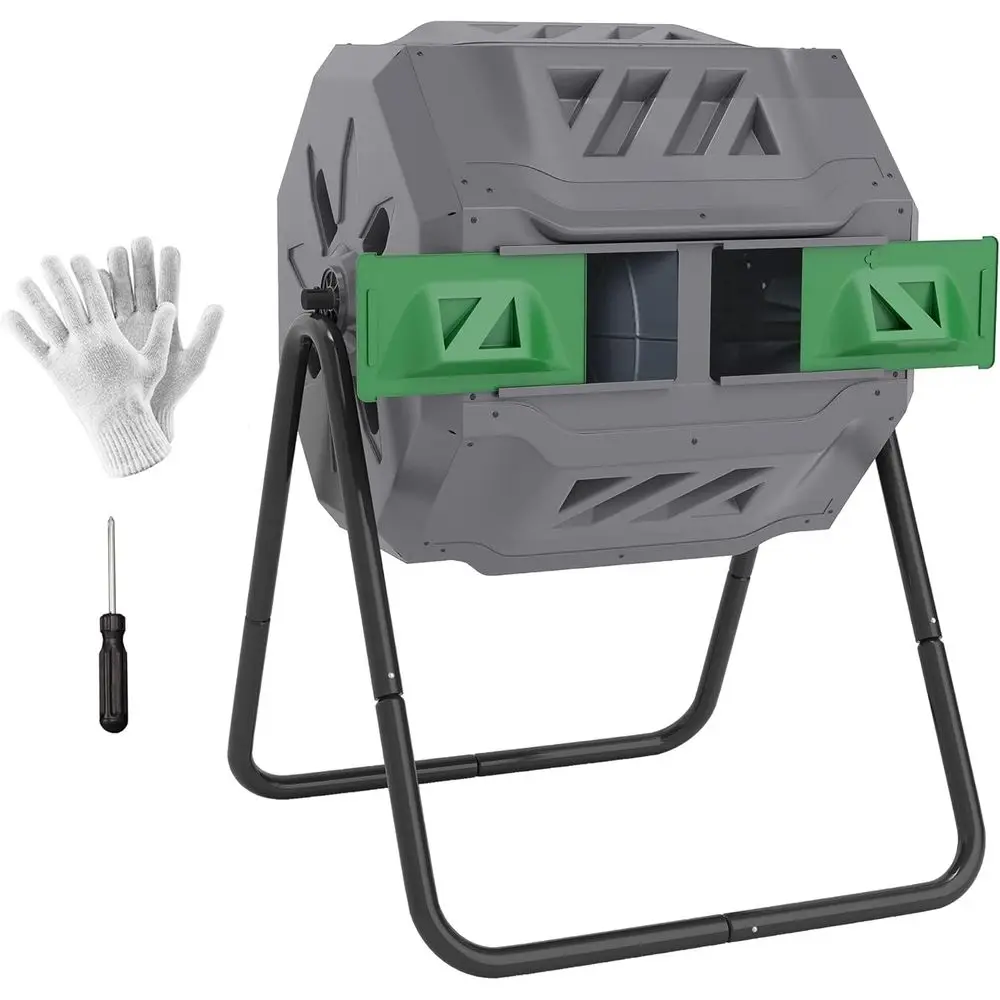 43 Gallon Light Gray Dual Chamber 360° Rotating Compost Bin for Outdoor Garden
43 Gallon Light Gray Dual Chamber 360° Rotating Compost Bin for Outdoor Garden
