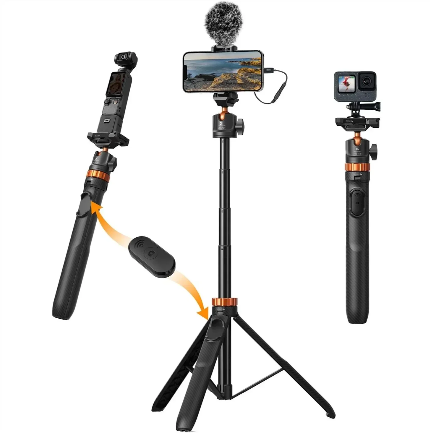 62'' Phone Selfie Stick Tripod, 2-in-1 Extendable Tripod Stand with Remote and 360° Ball Head for Smartphone and Camera
62'' Phone Selfie Stick Tripod, 2-in-1 Extendable Tripod Stand with Remote and 360° Ball Head for Smartphone and Camera