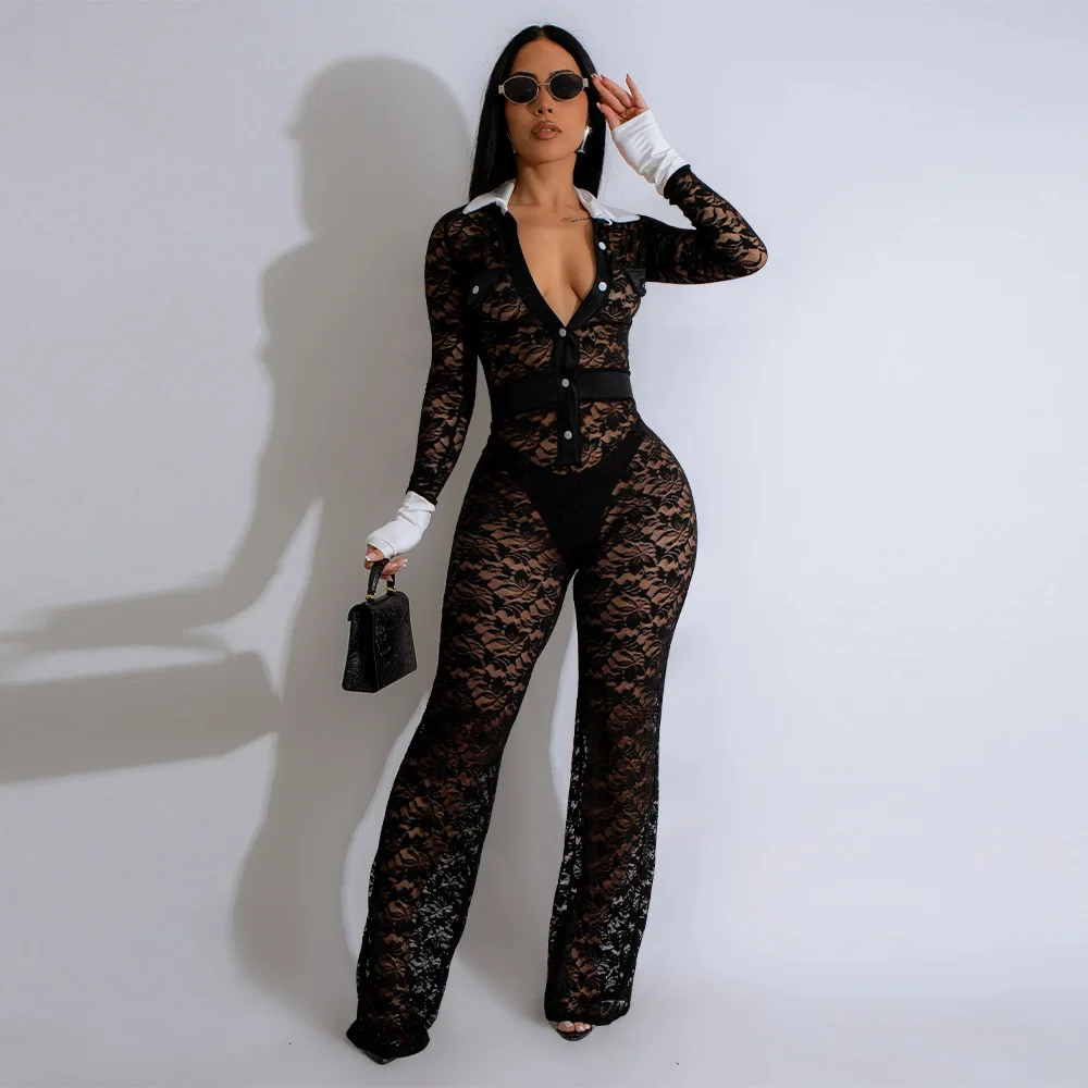 Lace Hollow Outed One Piece Jumpsuits Lapel Women's Contrasting Patchwork Jumpsuit New Buttons Up Rompers solid color
Lace Hollow Outed One Piece Jumpsuits Lapel Women's Contrasting Patchwork Jumpsuit New Buttons Up Rompers solid color
