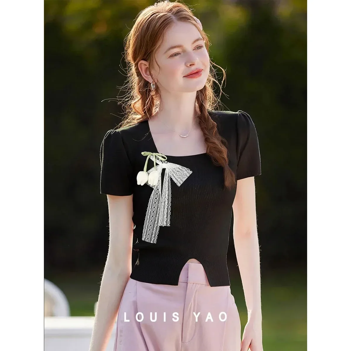 Sweet Square Neck Women's T-shirt Fun Patchwork Bow Lace-up Flower Decoration Short Sleeve Top Women's Clothing Female Clothing
Sweet Square Neck Women's T-shirt Fun Patchwork Bow Lace-up Flower Decoration Short Sleeve Top Women's Clothing Female Clothing