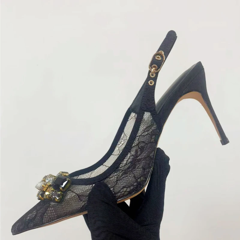 Women High Heels Stiletto Summer Pointed Toe Rhinestones Slingback Shoes Dress Slip on Back Strap Sexy Black Lace Pumps
Women High Heels Stiletto Summer Pointed Toe Rhinestones Slingback Shoes Dress Slip on Back Strap Sexy Black Lace Pumps