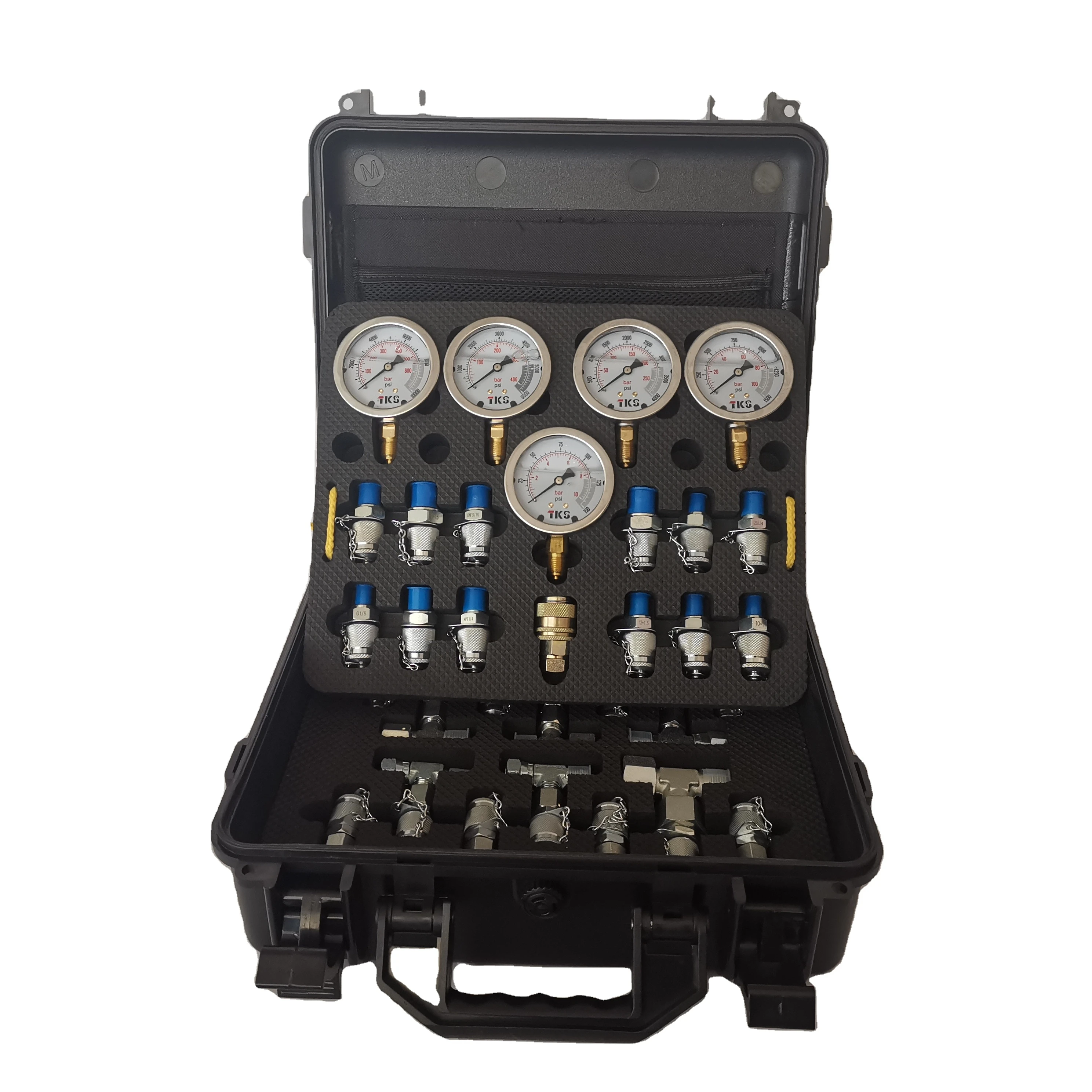 Hydraulic Pressure Test Kit, 5 Gauges, 5 Test Hoses and 13 Couplings and 14 Tee for CAT Excavators Machinery
Hydraulic Pressure Test Kit, 5 Gauges, 5 Test Hoses and 13 Couplings and 14 Tee for CAT Excavators Machinery