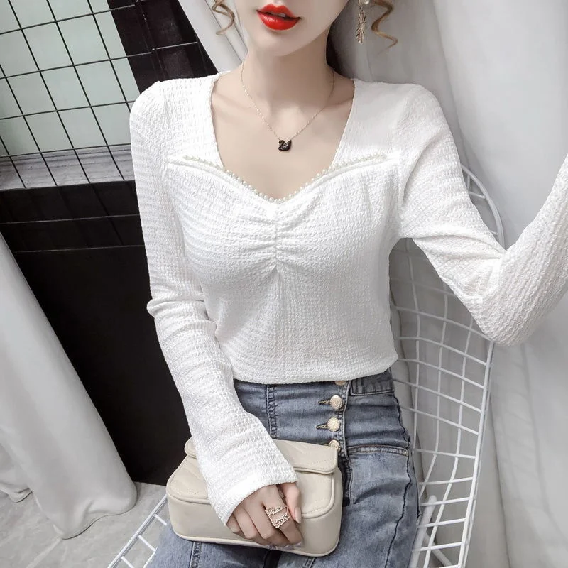 Spring Autumn New Fashion Square Neck Beads Ruched Slim Long Sleeve Shirts for Women Casual Black White Sweet Chic Blouses Tops
Spring Autumn New Fashion Square Neck Beads Ruched Slim Long Sleeve Shirts for Women Casual Black White Sweet Chic Blouses Tops