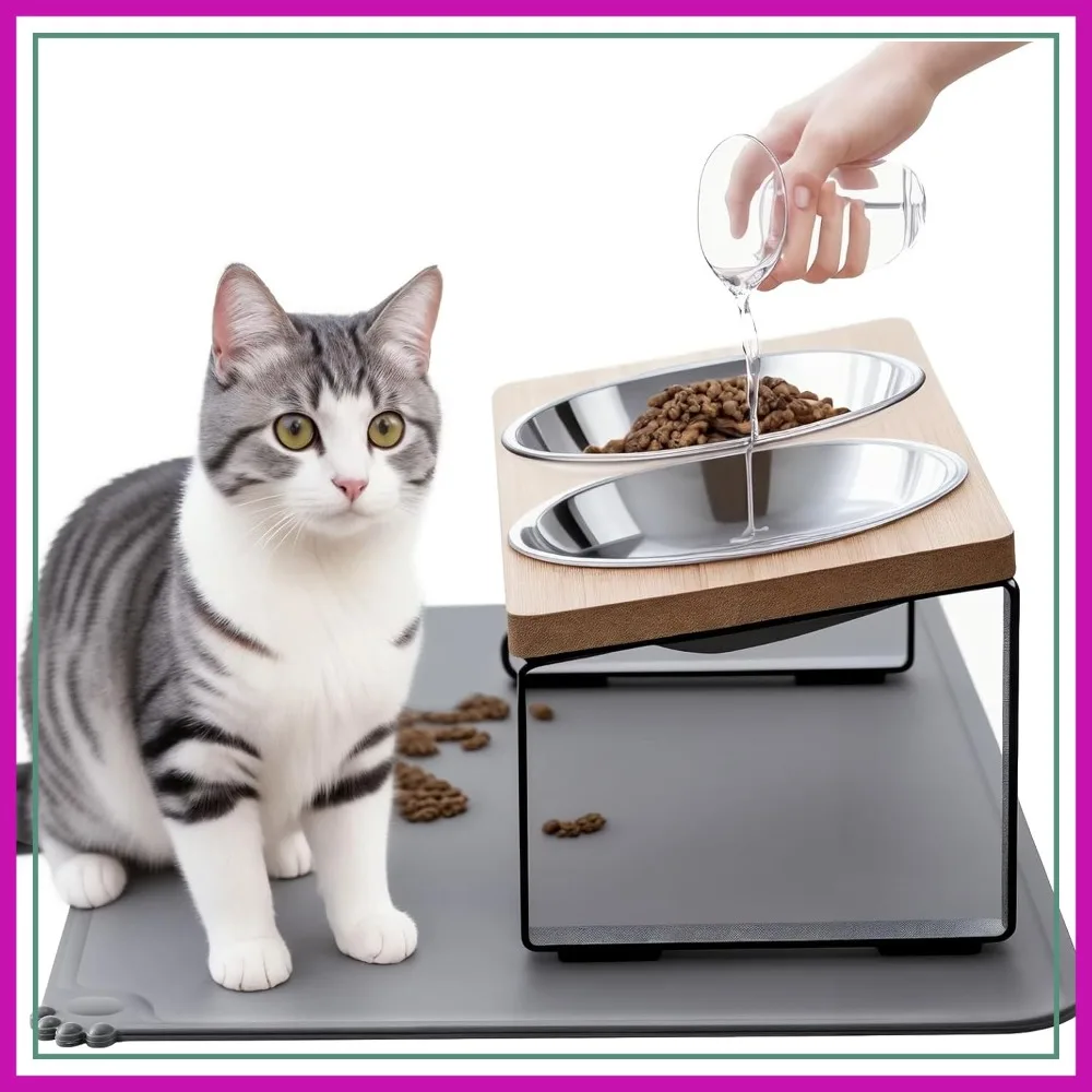 Upgraded Elevated Cat Bowls with Food Mat, 15° Tilted Stand Anti Vomiting Raised Cat Dishes for Food and Water, 2 Stainless Steel Bowls for Cats and Puppy
Upgraded Elevated Cat Bowls with Food Mat, 15° Tilted Stand Anti Vomiting Raised Cat Dishes for Food and Water, 2 Stainless Steel Bowls for Cats and Puppy