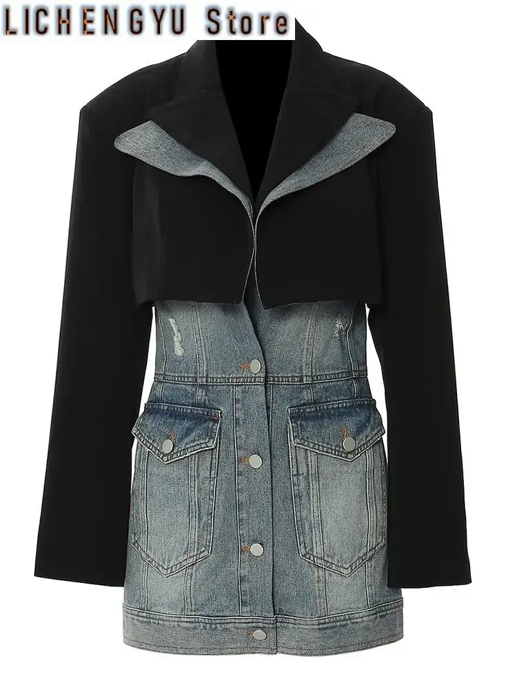 Loose Fit Black Denim Color-block Long Jacket New Lapel Long Sleeve Women Coat Fashion Tide Spring Autumn
Loose Fit Black Denim Color-block Long Jacket New Lapel Long Sleeve Women Coat Fashion Tide Spring Autumn