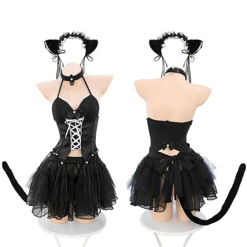 Erotic Sexy Black Gothic Neko Girls Dress Lace-up Halter Crop Tops Mini Skirt with Cat Tail Halloween Outfits Cosplay Costume
Erotic Sexy Black Gothic Neko Girls Dress Lace-up Halter Crop Tops Mini Skirt with Cat Tail Halloween Outfits Cosplay Costume