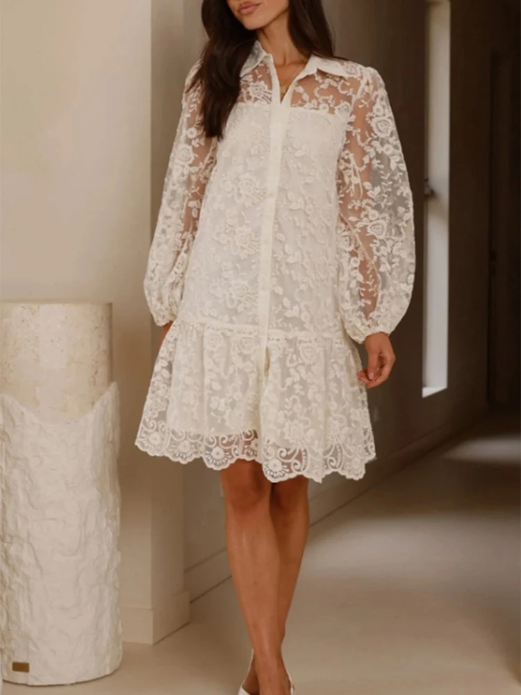 Повседневное женское мини-платье с длинным рукавом, на пуговицах, с кружевной вышивкой, элегантное, свободного кроя, А-силуэта, с отложным воротником
Повседневное женское мини-платье с длинным рукавом, на пуговицах, с кружевной вышивкой, элегантное, свободного кроя, А-силуэта, с отложным воротником