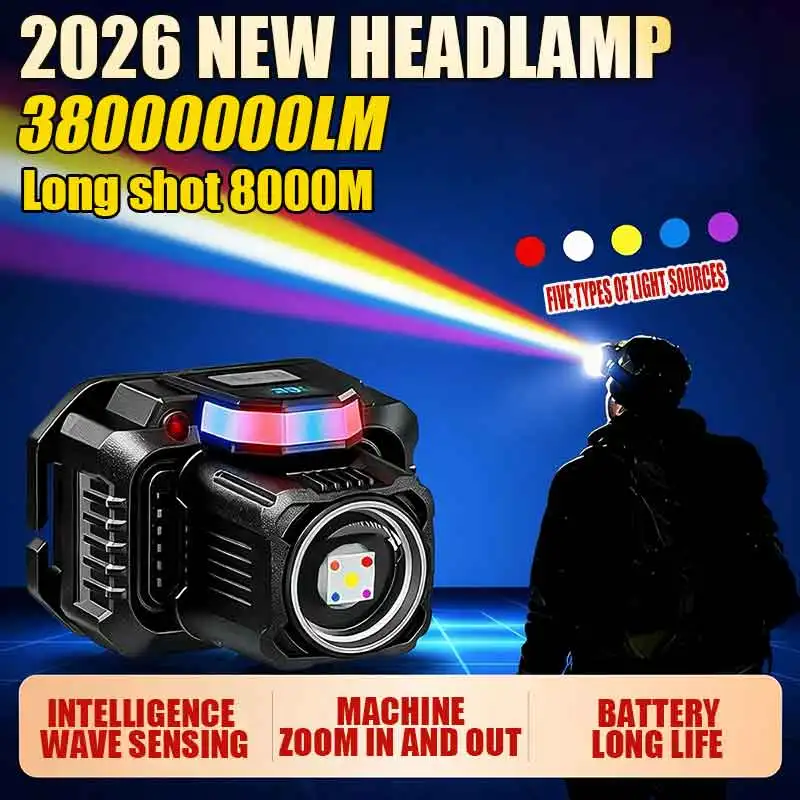2026 Upgrade 5 Colors 800W Headlight Source Sensor Headlamp LED Flashlight Head Torch Built-in Battery Fishing Camping Lantern
2026 Upgrade 5 Colors 800W Headlight Source Sensor Headlamp LED Flashlight Head Torch Built-in Battery Fishing Camping Lantern