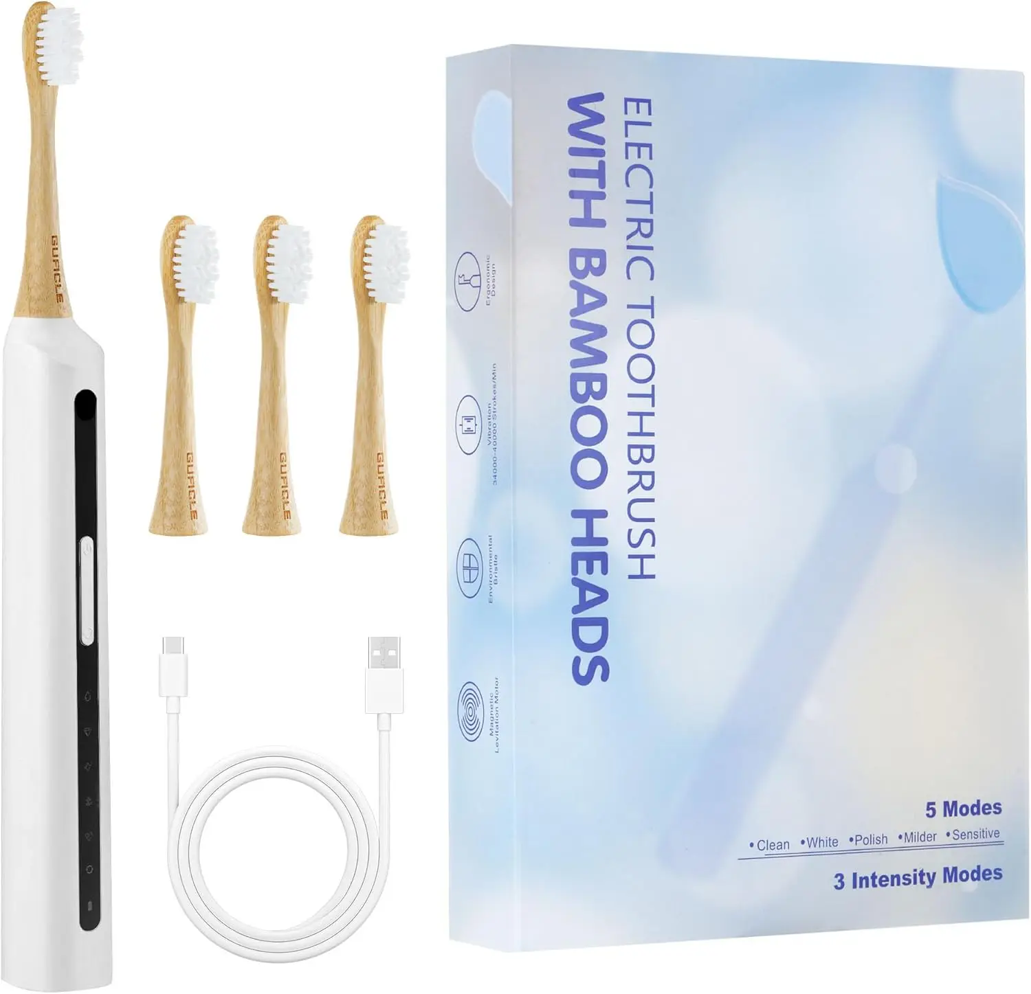Rechargeable Bamboo Electric Toothbrush with 4 Heads, 5 Modes, IPX7 Waterproof, 45-Day Battery Life
Rechargeable Bamboo Electric Toothbrush with 4 Heads, 5 Modes, IPX7 Waterproof, 45-Day Battery Life