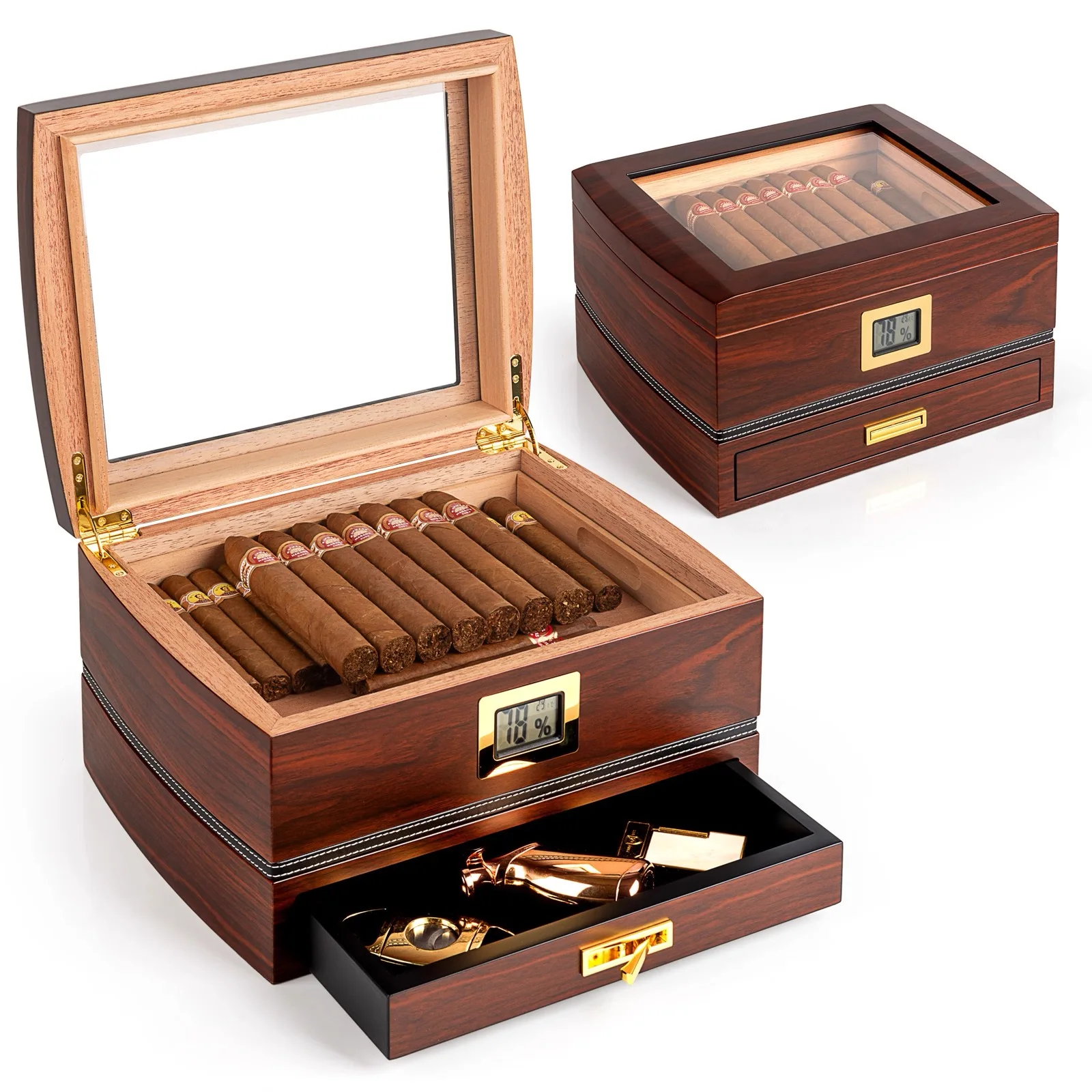 Large Capacity Glass Top Cigar Box, Front Hygrometer, Humidifier, Divider, Accessory Drawer, Men's Cigar Box Gift (Brown).
Large Capacity Glass Top Cigar Box, Front Hygrometer, Humidifier, Divider, Accessory Drawer, Men's Cigar Box Gift (Brown).