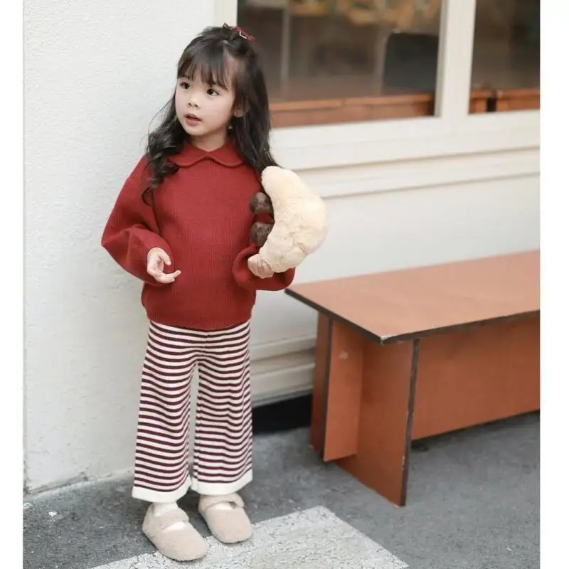 Girl Sweater Pants Two-Piece Set Autumn Winter Knitwear Pullover Stripe Thicken Wide-Leg Pants Child Kawaii New Casual Clothing
Girl Sweater Pants Two-Piece Set Autumn Winter Knitwear Pullover Stripe Thicken Wide-Leg Pants Child Kawaii New Casual Clothing