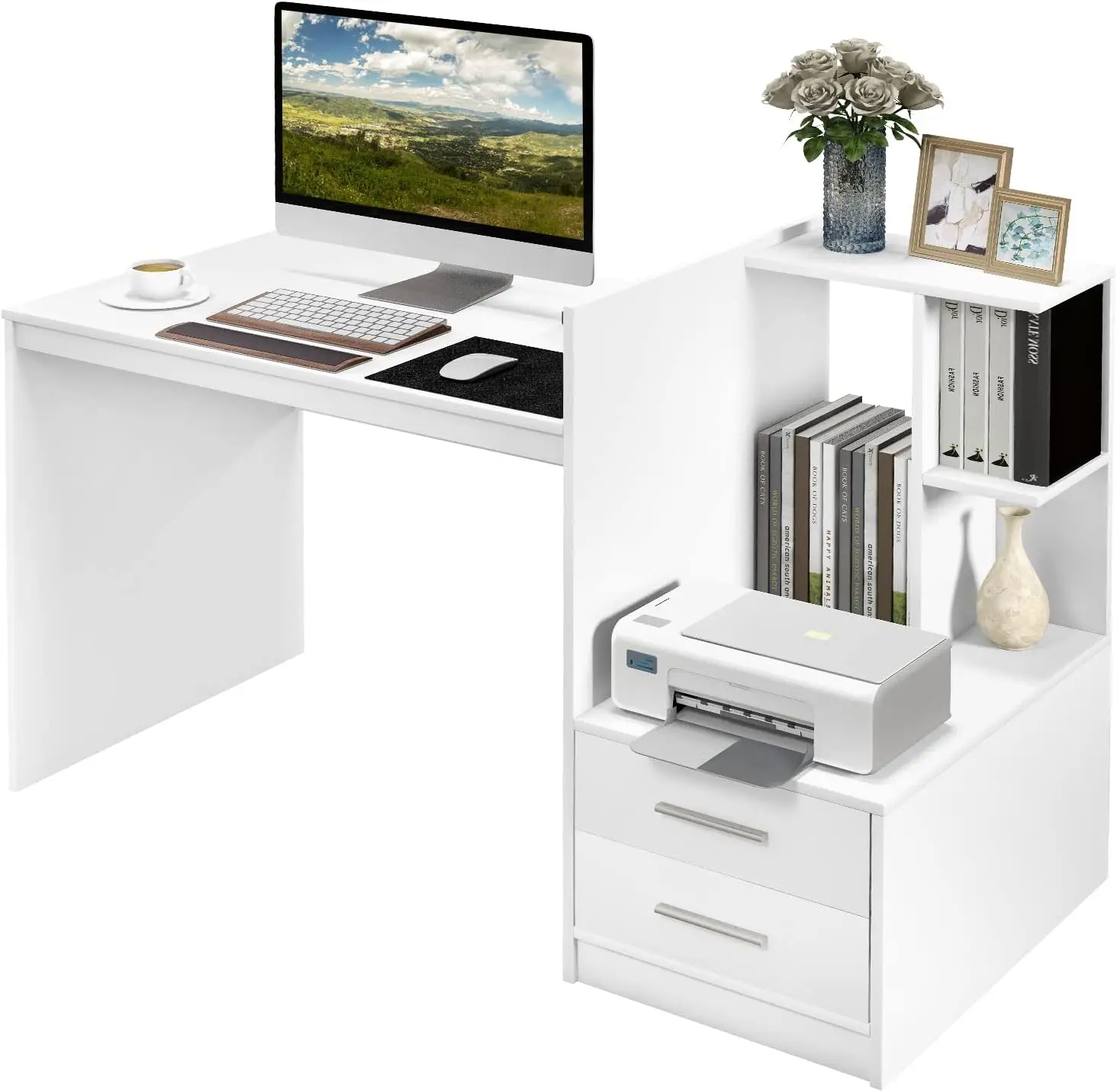 White Desk With 2 Storage Drawers & Bookshelf, Home Office Desk With Corner Bookshelf & Printer Stand, Small Writing Study Desk
White Desk With 2 Storage Drawers & Bookshelf, Home Office Desk With Corner Bookshelf & Printer Stand, Small Writing Study Desk