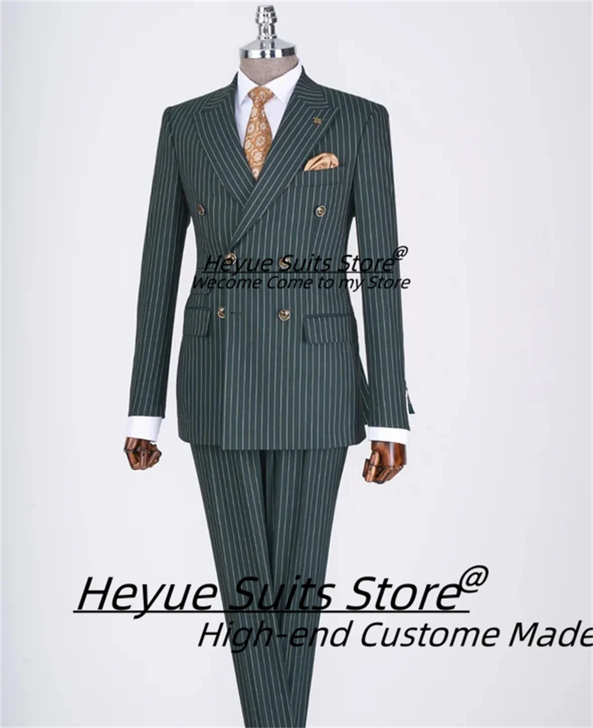 Business Green Stripe Double Breated Men Suits Customized Slim Fit Peak Lapel Groom Tuxedos 2 Pieces Sets trajes para hombre
Business Green Stripe Double Breated Men Suits Customized Slim Fit Peak Lapel Groom Tuxedos 2 Pieces Sets trajes para hombre