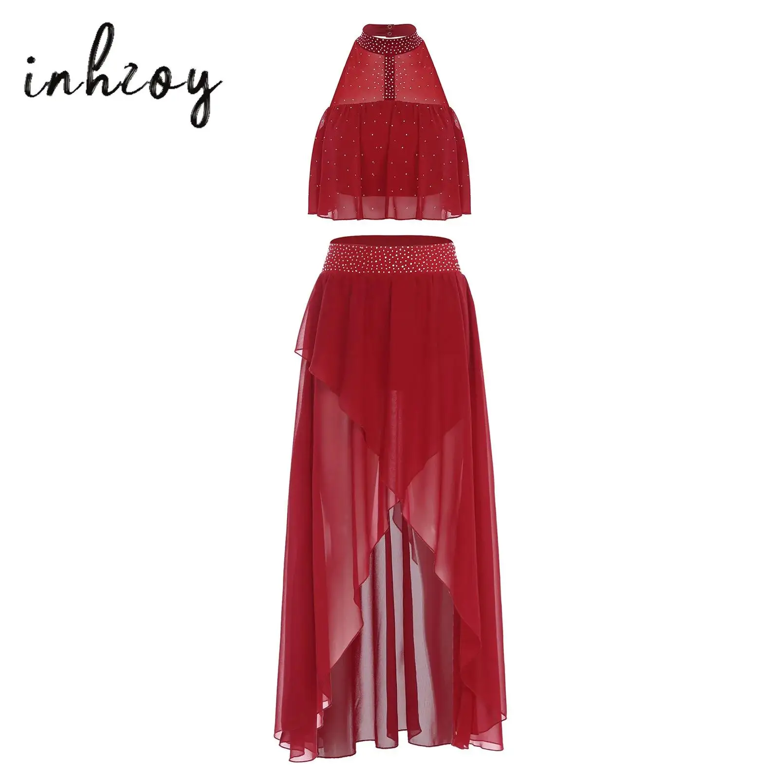 Women Lyrical Dance Costume Halter Sleeveless See-through Sparkly Rhinestone Tank Tops+Chiffon Skirt for Performance Competition
Women Lyrical Dance Costume Halter Sleeveless See-through Sparkly Rhinestone Tank Tops+Chiffon Skirt for Performance Competition