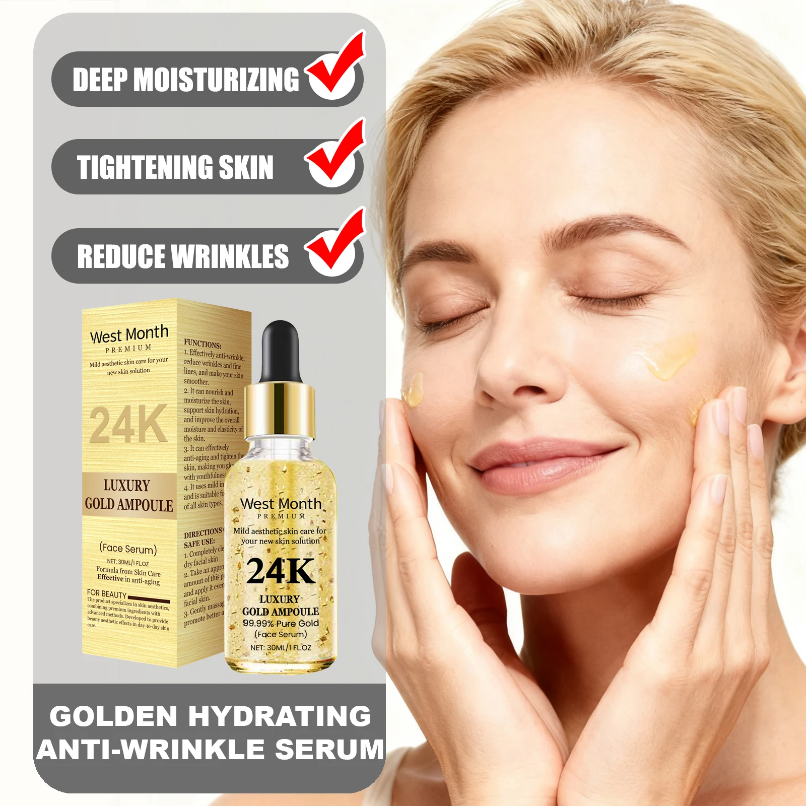 WEST MONTH 24K Золотая увлажняющая сыворотка против морщин Глубокое увлажнение Нежная формула впитывает быстро подходит для чувствительной кожи
WEST MONTH 24K Золотая увлажняющая сыворотка против морщин Глубокое увлажнение Нежная формула впитывает быстро подходит для чувствительной кожи
